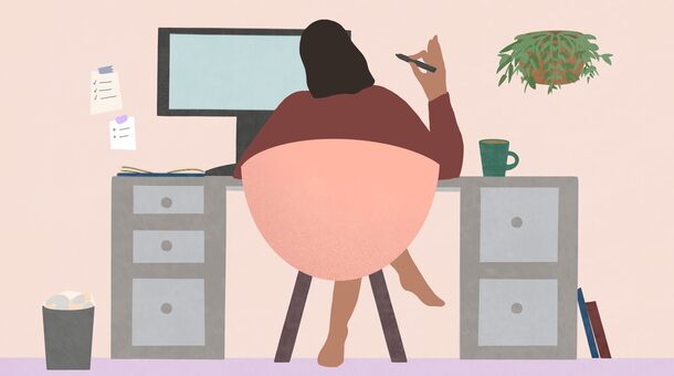Illustration an einer Person, die an einem Schreibtisch sitzt