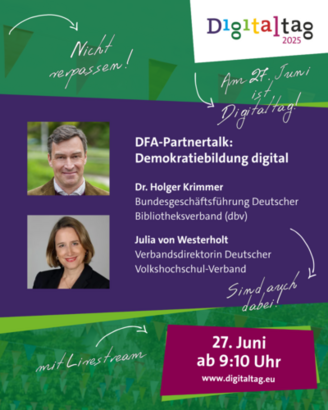 Flyer zum Livestream mit Portrais von Dr. Holger Krimmer und Julia von Westerholt