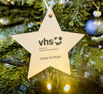 Ein Holzstern mit dem Logo des Deutschen Volkshochschul-Verbandes und der Aufschrift "Frohe Festtage" hängt in einem beleuchteten Weihnachtsbaum.