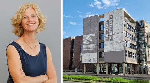 links: Eine Frau mittleren Alters mit blonden, mittellangen Haaren lächelt in die Kamera, rechts: ein großes Gebäude in einer städtischen Umgebung.