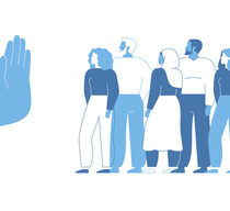 Discrimination in the workplace. Restricting or closing borders to global diversity and immigration. Human hand shows stop gesture for crowd of people