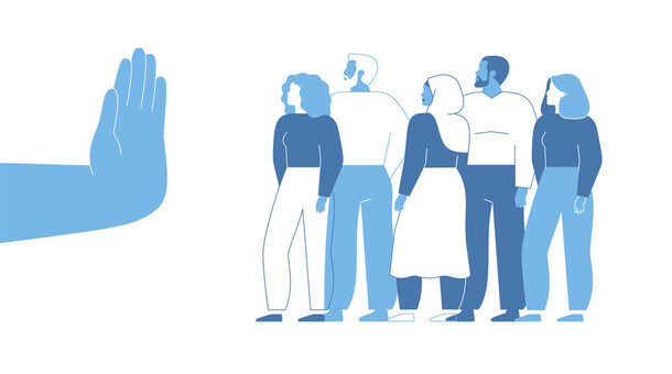 Discrimination in the workplace. Restricting or closing borders to global diversity and immigration. Human hand shows stop gesture for crowd of people
