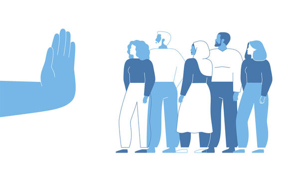 Discrimination in the workplace. Restricting or closing borders to global diversity and immigration. Human hand shows stop gesture for crowd of people