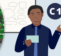 Illustration: Eine Frau arbeitet an einem Mikroskop, ein Mann hält einen Vortrag