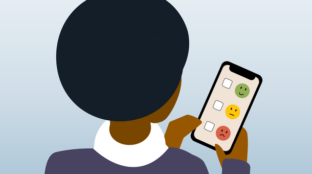 Illustration: Person beantwortet Umfrage auf dem Smartphone