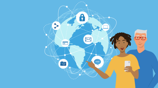Illustration: Eine Frau und ein Mann stehen nebeneinander vor einem blauen Hintergrund. Neben ihnen ist eine stilisierte Weltkugel mit Internet-Icons zu sehen.