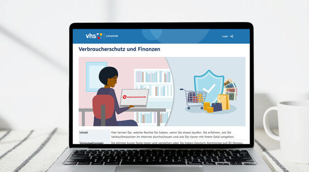 Auf einem Laptop-Bildschirm ist der neue Online-Kurs "Verbraucherschutz und Finanzen" des vhs-Lernportals zu sehen.