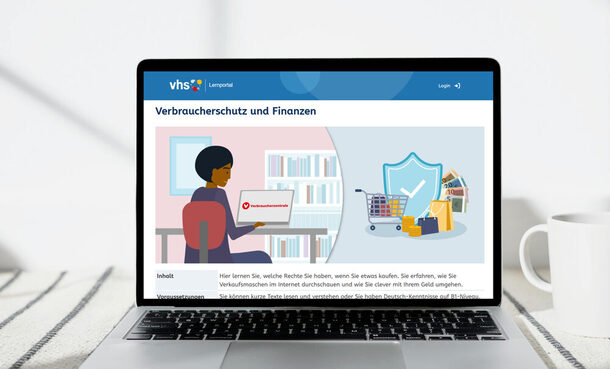 Auf einem Laptop-Bildschirm ist der neue Online-Kurs "Verbraucherschutz und Finanzen" des vhs-Lernportals zu sehen.