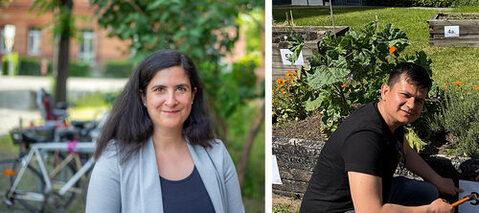 Eine Frau mittleren Alters und ein jüngerer Mann lächeln in die Kamera.