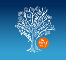 Handgezeichneter Baum in weiß auf blauem Grund, bei dem die Wörter "Zusammen in Vielfalt", "Nachhaltig" und "Vernetzt" einzelne Äste des Baumes bilden. Statt Blättern zeigt der Baum Piktogramme.