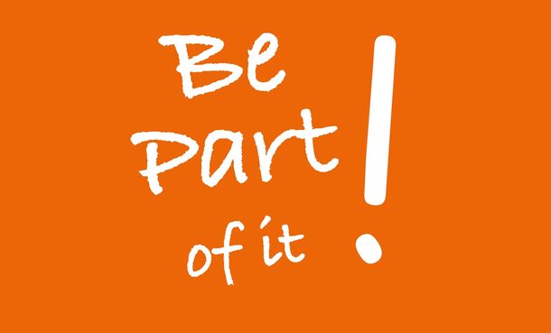 Orangener Kreis mit der Aufschrift: Be part of it!