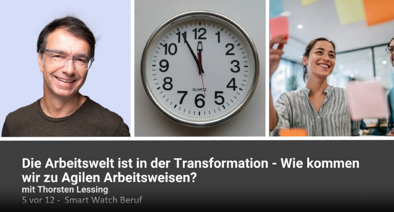Eine Frau und ein Mann sprechen in einer Videokonferenz mit einem männlichen Gast zum Thema "Transformation in der Arbeitswelt"