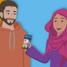 Illustration: Frau zeigt Mann etwas auf dem Smartphone