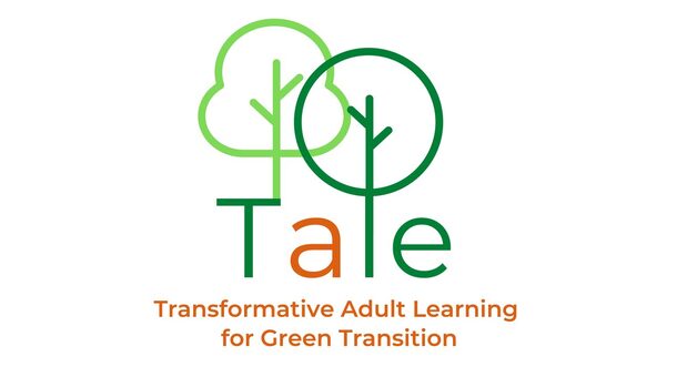 Projektlogo: Tale - Transformative Adult Learning for Green Transition”. Grüne und orangene Schrift auf weißen Grund.