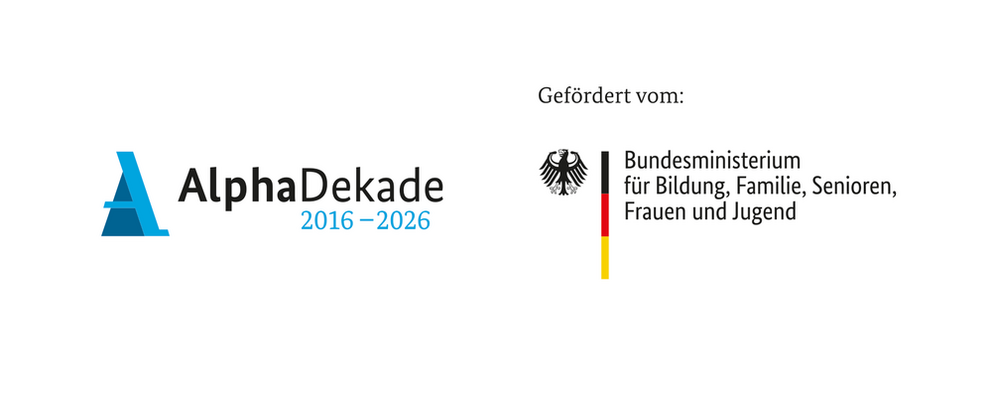 Logos: Alphadekade und Bundesministerium für Bildung, Familie, Senioren, Frauen und Jugend