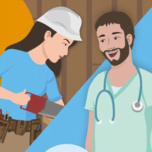 Illustration: links eine Handwerkerin, rechts ein Arzt