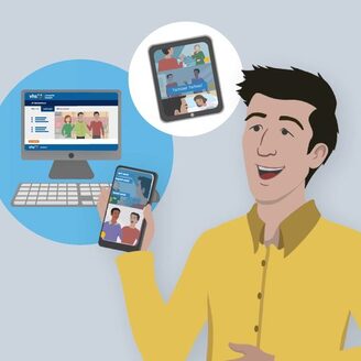 Illustration: Mann hält Smartphone in der Hand. Im Hintergrund sind PC und Tablet abgebildet.